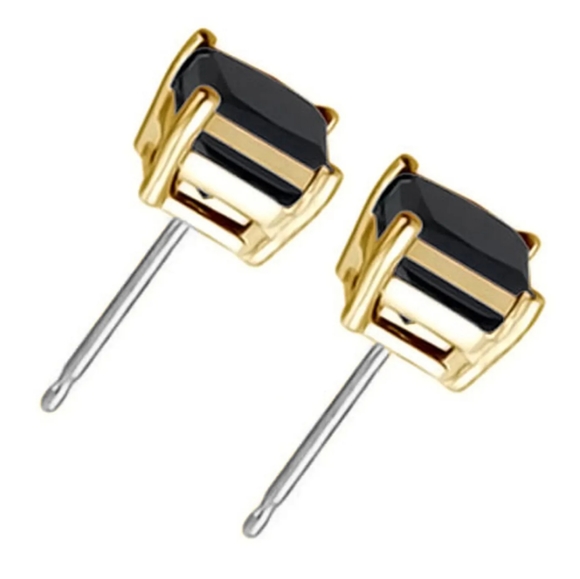 14K GOLD Plate 6mm BLACK Cubic Zirconia PRINCESS STUD EARRINGS - Picture 2 of 3